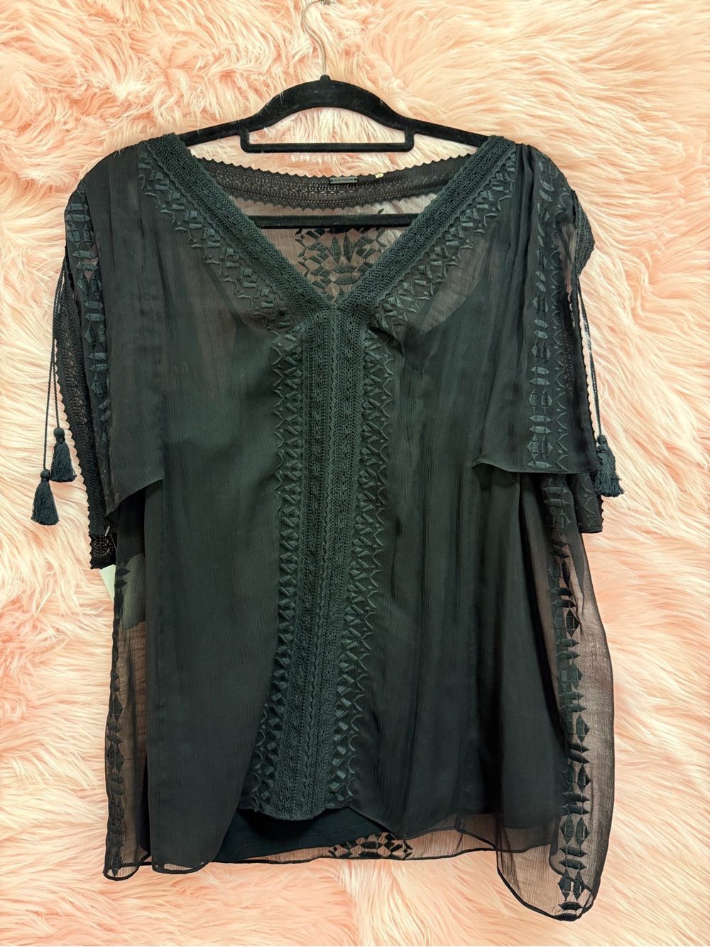 Elie Tahari Black Sheer Embroidered V-Neck Tassel Blouse